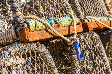 Close-up of colorful fishing cages