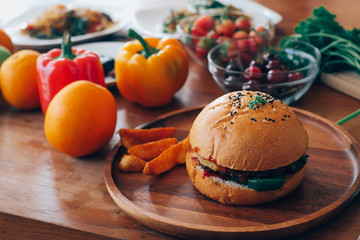 beef burger on the wood desk