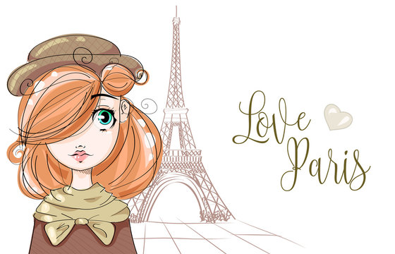 Cute girl near by the Eiffel Tower in Paris, romantic style fashion teenager portrait, autumn look young woman vector illustration