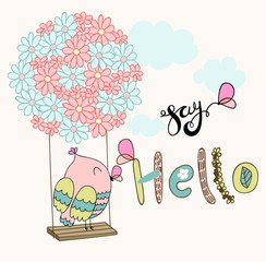 Card with cartoon owl on a flower swing in the clouds. Say hello.