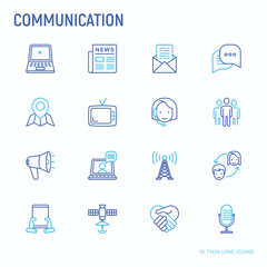 Communication thin line icons set: e-mail, newspaper, letter, chat, tv, support, video call, microphone. Modern vector illustration.
