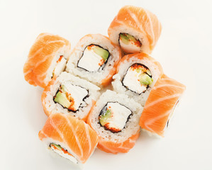 Set of fish rolls isolated on white, closeup