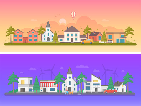 Day and night city - set of modern flat vector illustrations