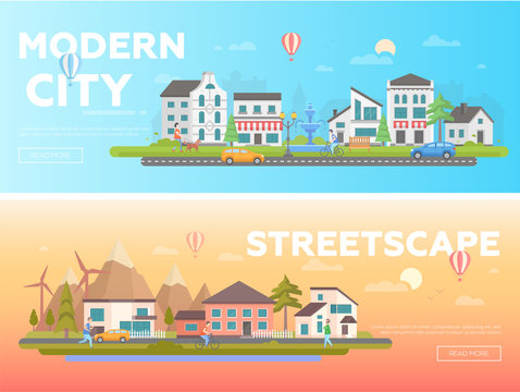 Streetscape - set of modern flat vector illustrations