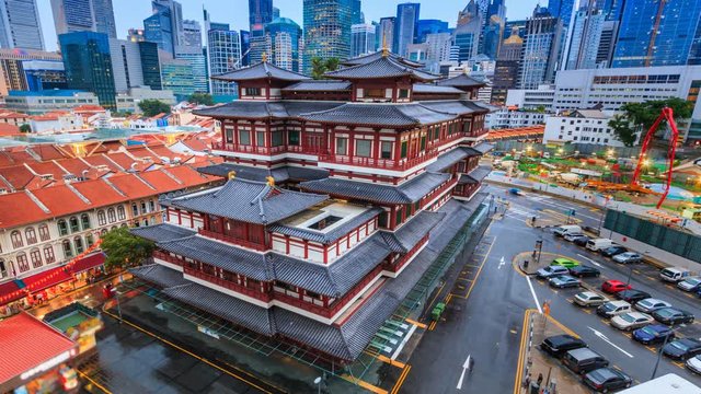 Beautiful Buddha Tooth Relic Temple Of Singapore 4K Day to Night Time Lapse (pan shot)