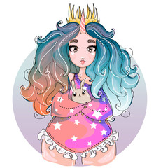 Cute little unicorn princess chubby girl with bunny, children vector illustration © G_Pink