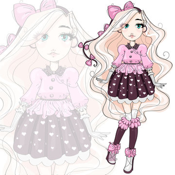 Cute fashion girl cartoon character in pink, hand drawn vector illustration