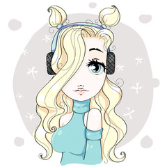 Cute cartoon blonde girl listening to music on headphones, romantic style fashion teenager portrait, young woman with winter background vector illustration