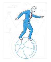 Businessman with balancing on a ball - line design style isolated illustration