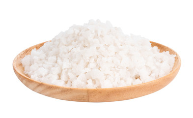 Fototapeta na wymiar Sea salt in wooden plate on white background