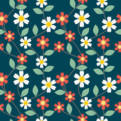 Seamless pattern vector of beautiful flower. Lovely and sweet flower and green leaves on vivid blue retro tone background.