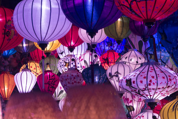 Fototapeta na wymiar A variety of evening lanterns. Hoian City. 2018