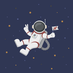 Funny flying astronaut in space with stars around - obrazy, fototapety, plakaty