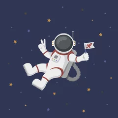Foto op Plexiglas Jongenskamer Grappige vliegende astronaut in de ruimte met sterren eromheen