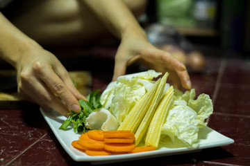 Sukiyaki healthy and organic food for healthy is vegetable mushroom and meat to tasty. 