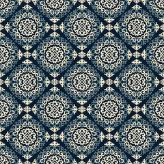 Seamless blue background with grey and sand pattern in baroque style. Vector retro illustration. Islam, Arabic, Indian, ottoman motifs. Perfect for printing on fabric or paper.
