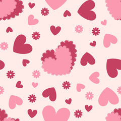 Seamless light background with pink and red hearts. Ideal for printing on fabric or paper. Vector illustration.