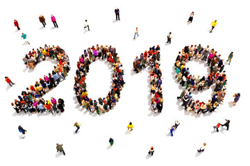 Bringing in the new year. Large group of people forming the shape of 2019 celebrating a new year concept on a white background. 3d rendering
