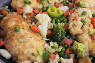 fried chicken fillet with spices in a frying pan and vegetables