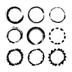 Circle frame pattern brushes. Grunge tribal black lines. Hand drawing ethnic design elements. Vector ink. Dotted, spots, circles.