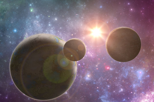 Fantasy solar system, scifi universe 3D illustration