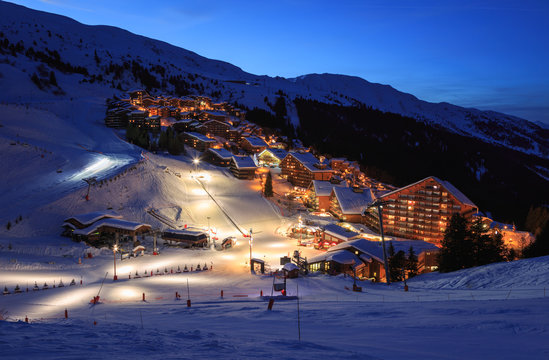 The slopes of a ski resort (Meribel - Mottaret, France) in the evening.