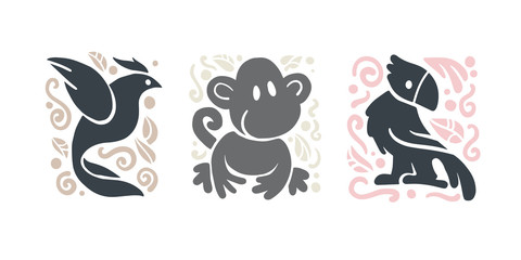 Vector flat cute funny hand drawn animal silhouette isolated on white background - dove, monkey and parrot.  Perfect for children goods store logo insignia, kid clothes and accessory prints, zoo logo.