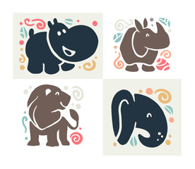 Vector flat cute funny hand drawn animal silhouette isolated on white background - hippo, rhino, lion and elephant. Perfect for children goods store logo, kid clothes and accessory prints, zoo logo.