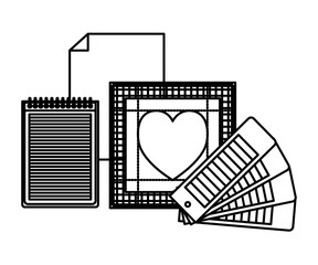 sheet in blank and spiral notebook and color palette guide and heart design in black contour vector illustration
