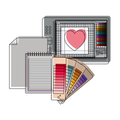tablet digitizer and palette color guide and notebook in watercolor silhouette vector illustration
