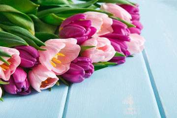 Pink tulips on blue wood background, copy space