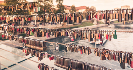 Ljubljana Slovenia. Love locks on a love bridge of Ljubljanica river