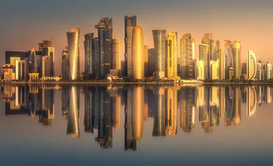 Papier Peint photo Monument historique The skyline of West Bay and Doha downtown, Qatar