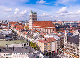 Obraz premium Aerial view on the Frauenkirche and town hall at the Marienplatz, Munich Bavaria, Germany