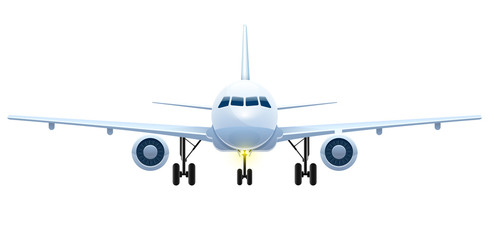Front view of landing aircraft. Passenger air vehicle transport