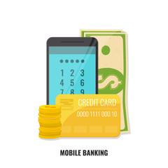 Mobile banking concept. Smartphone with cash and credit card.