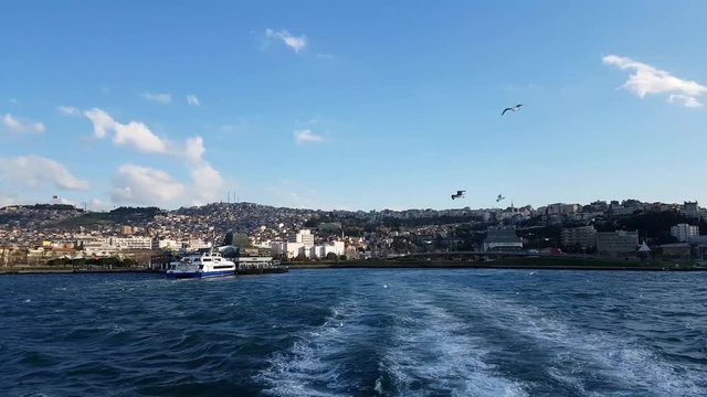 Panoramic view of Izmir city on a steamboat. Seagulls flying on the sea.