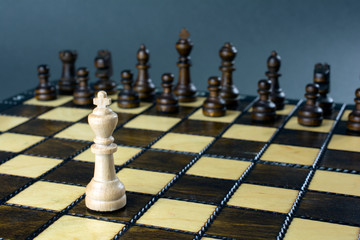 chess game, chess board with placed figures, gray blurred background, copy space, close up, selective focus