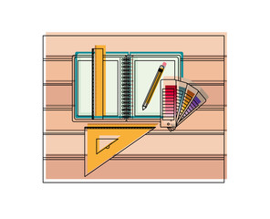 drawing tools and notebook over table top view in watercolor silhouette vector illustration