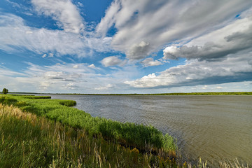 Jezioro Świerklaniec, Polska - zbiornik wodny wśród zielonych traw, nad nim wiszące finezyjne chmury - obrazy, fototapety, plakaty