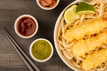 Japanese Style Deep Fried Prawn Tempura With Noodles and Lime