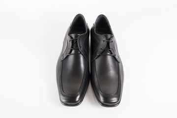 Fototapeta na wymiar Male black leather elegant shoe on white background, isolated product, comfortable footwear.