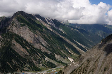 Views on high mountains from the route between the Srinagar city and the Leh city located in Ladakh. This region is a purpose of motorcycle expeditions organised by Indians