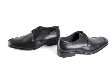 Male black leather elegant shoe on white background, isolated product, comfortable footwear.