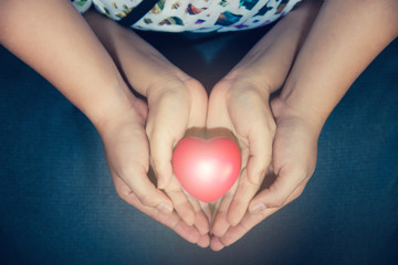 Heart Protection , Health Care Concept - Adult and Children Holding Red Heart Ball in Hands