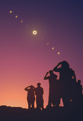 People are watching a solar eclipse in the sky with stars. - obrazy, fototapety, plakaty