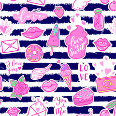 Vector fashion fun patches seamless pattern: wings, ice cream, camera, sweets, lip, candy, heart. Pop art pink stickers for wedding, Valentine's Day, love prints background