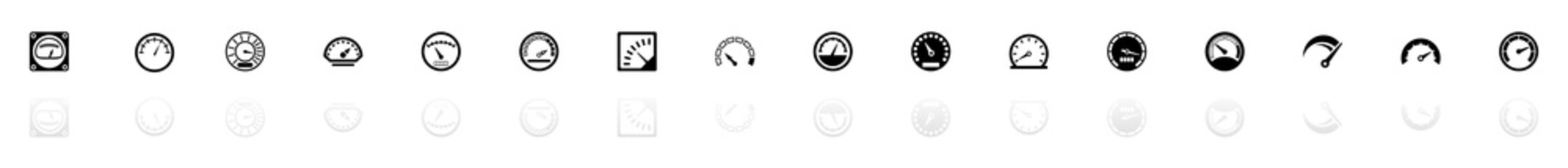 Speedometer icons - Black horizontal Illustration symbol on White Background with a mirror Shadow reflection. Flat Vector Icon.