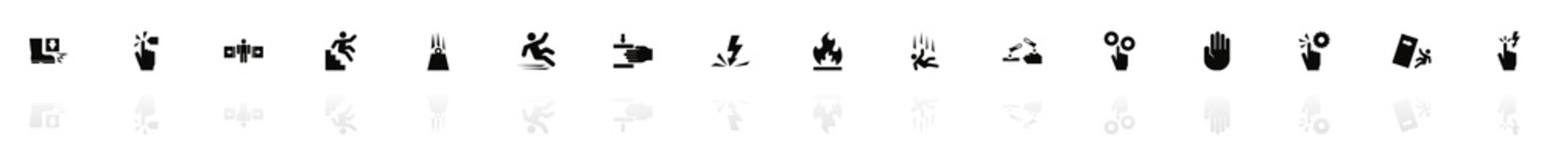 Warning Signs icons - Black horizontal Illustration symbol on White Background with a mirror Shadow reflection. Flat Vector Icon.