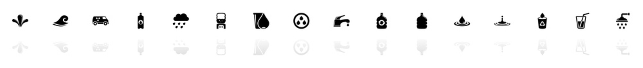Obraz premium Water icons - Black horizontal Illustration symbol on White Background with a mirror Shadow reflection. Flat Vector Icon.
